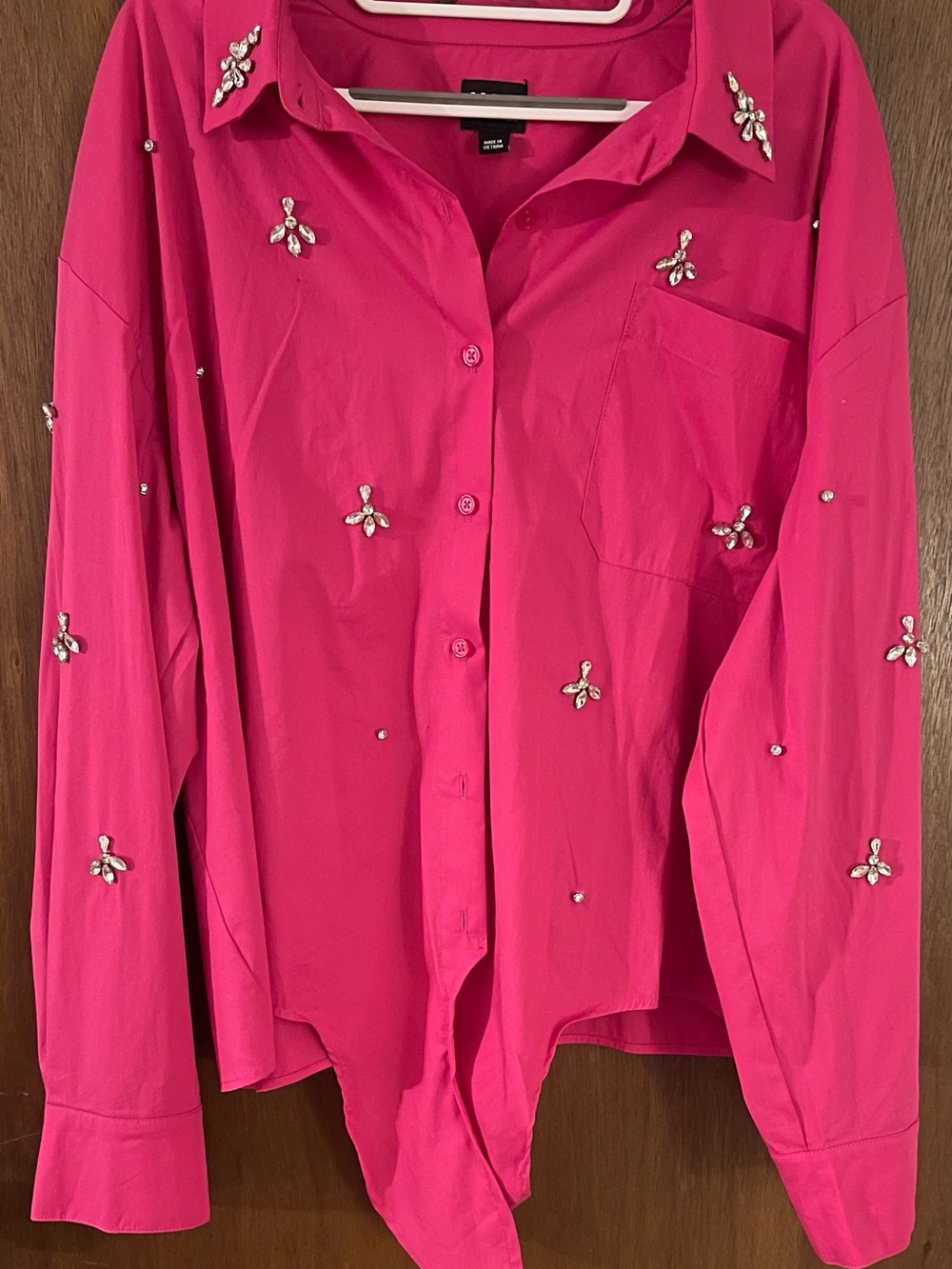 Pink Dragonfruit Embellished Women's Button-Up Tie Front Blouse BEST OFFER
